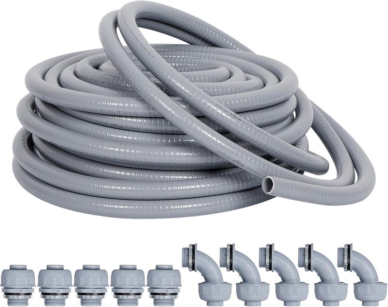 Neorexon Liquid-Tight Conduit and Connector Kit 1/2inch 25ft, Flexible Non Metallic Liquid Tight Electrical Conduit w/UL Certification, Electrical Conduit Kit with 5 Straight, 5 Angle Fittings - Image 1